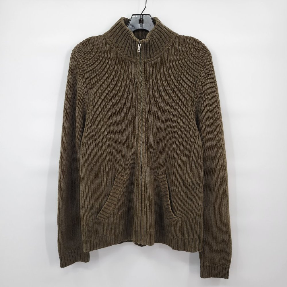 Jones New York Women Green Ribbed Full Zip Front Knit Sweater Jacket Size Medium